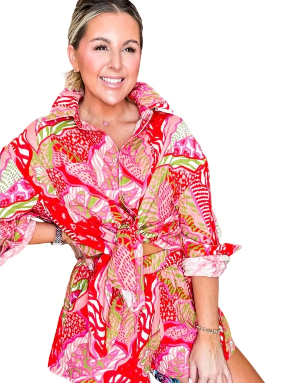 Peach Love SAY ALOHA RED TROPICAL GAUZE SHIRT/SHORTS SET